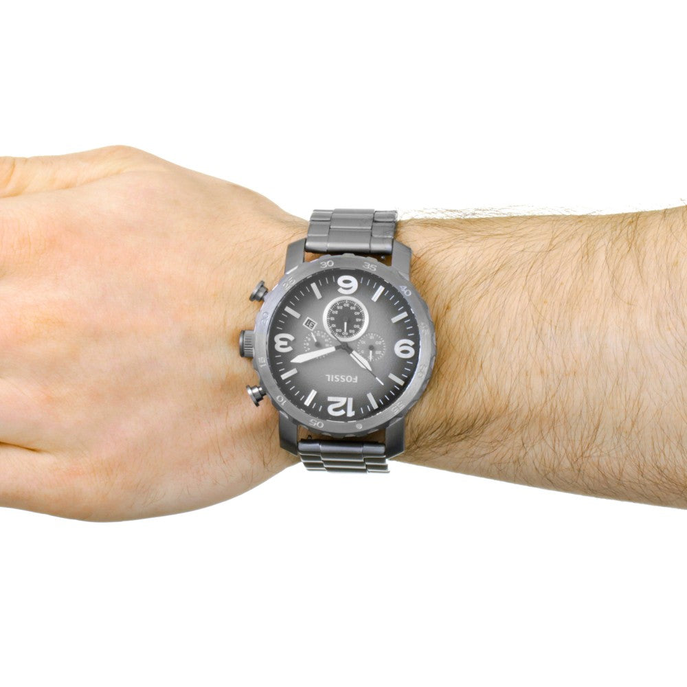 Fossil Nate Chronograph Gunmetal Dial Grey Steel Strap Watch for Men - JR1437 Watches Fossil   