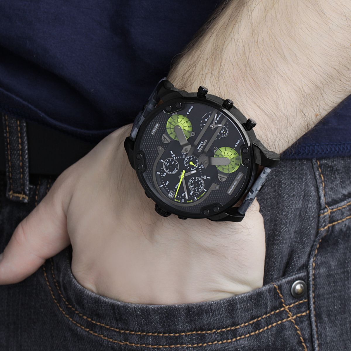 Diesel Big Daddy Chronograph Black Dial Black Leather Strap Watch For Men - DZ7311 Watches Diesel   