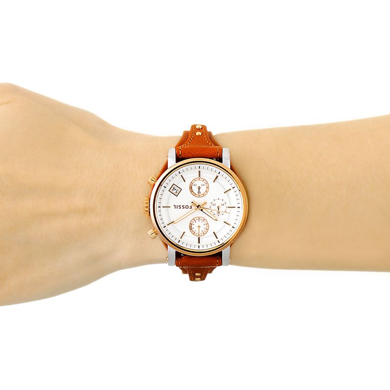 Fossil Boyfriend Chronograph White Dial Brown Leather Strap Watch for Women - ES3837 Watches Fossil   