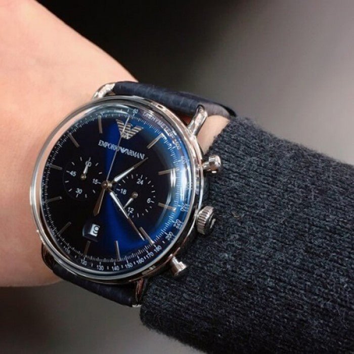 Emporio Armani Aviator Blue Dial Blue Leather Strap Watch For Men - AR11105 Watches Emporio Armani   