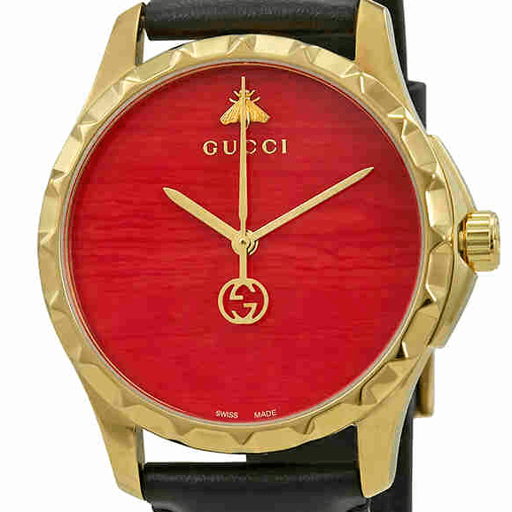 Gucci G Timeless Coral Red Dial Black Leather Strap Watch For Men - YA126464 Watches Gucci   