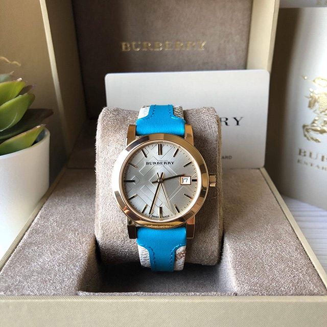 Burberry The City Gold Dial Turquoise Leather Strap Watch for Women - BU9018 Watches Burberry   