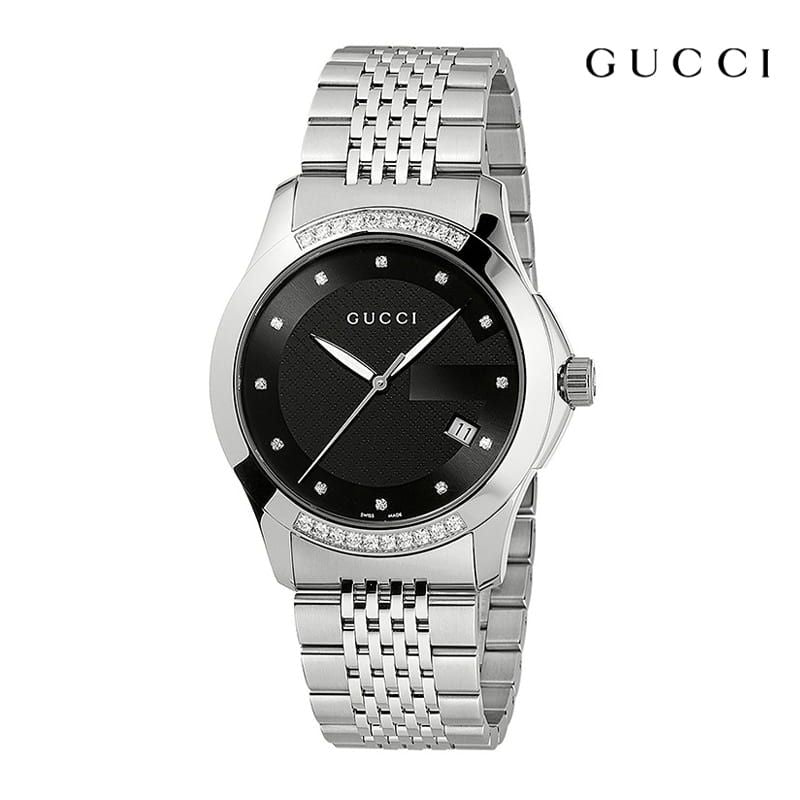 Gucci G Timeless Diamond Black Dial Silver Steel Strap Watch For Women - YA126408 Watches Gucci   