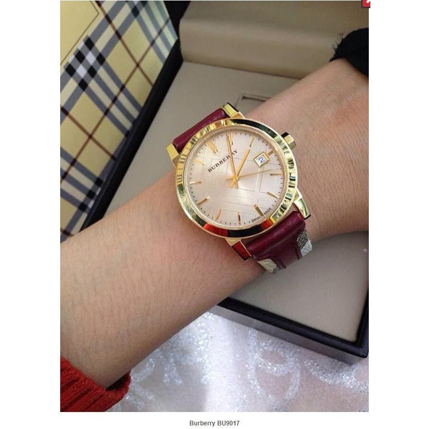 Burberry The City Gold Dial Maroon Leather Strap Watch for Women - BU9017 Watches Burberry   