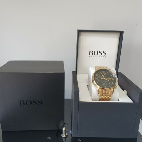 Hugo Boss Navigator Black Dial Gold Steel Strap Watch for Men - 1513531 Watches Hugo Boss   