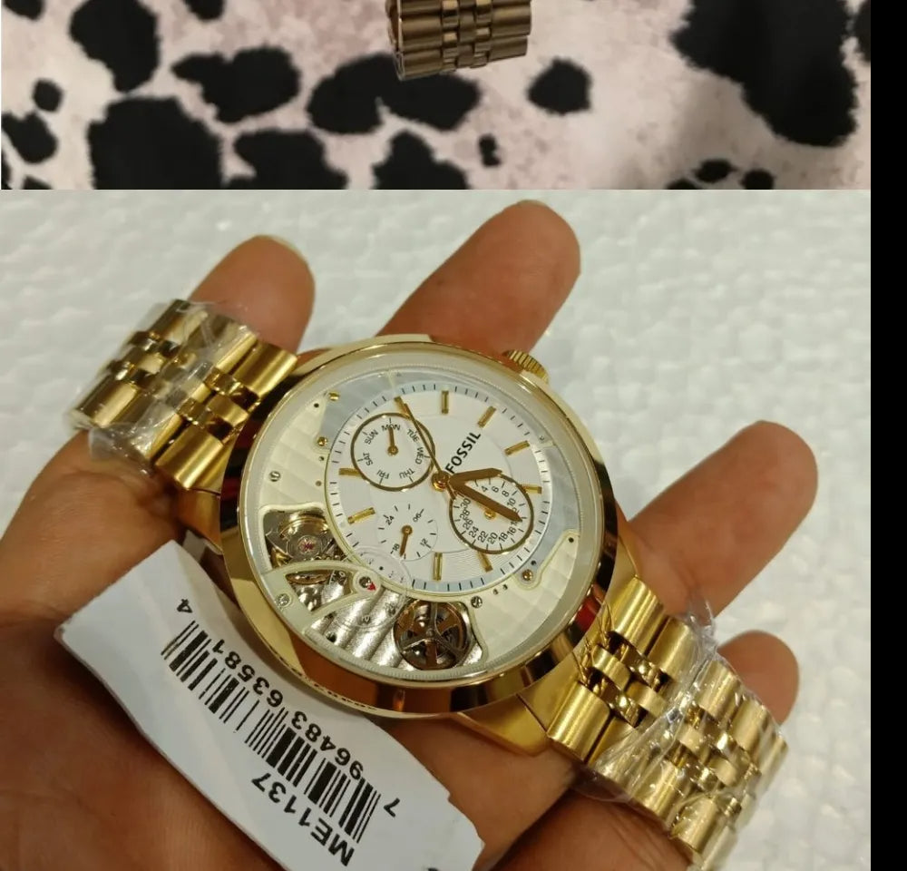 Fossil Skeleton Chronograph Gold Dial Gold Steel Strap Watch for Men -  ME1137 Watches Fossil   