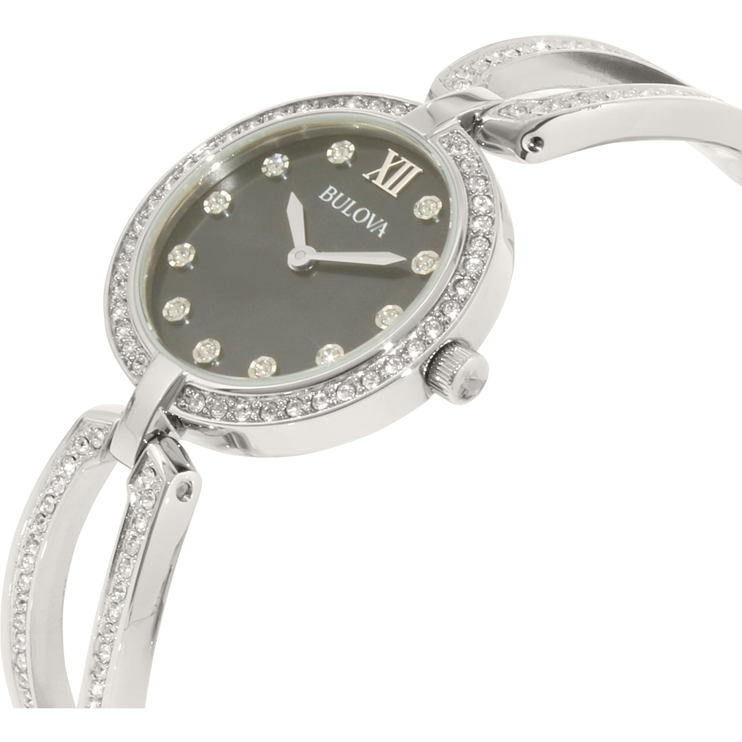 Bulova Crystal Black Mother of Pearl Dial Silver Steel Strap Watch for Women - 96L224 Watches Bulova   