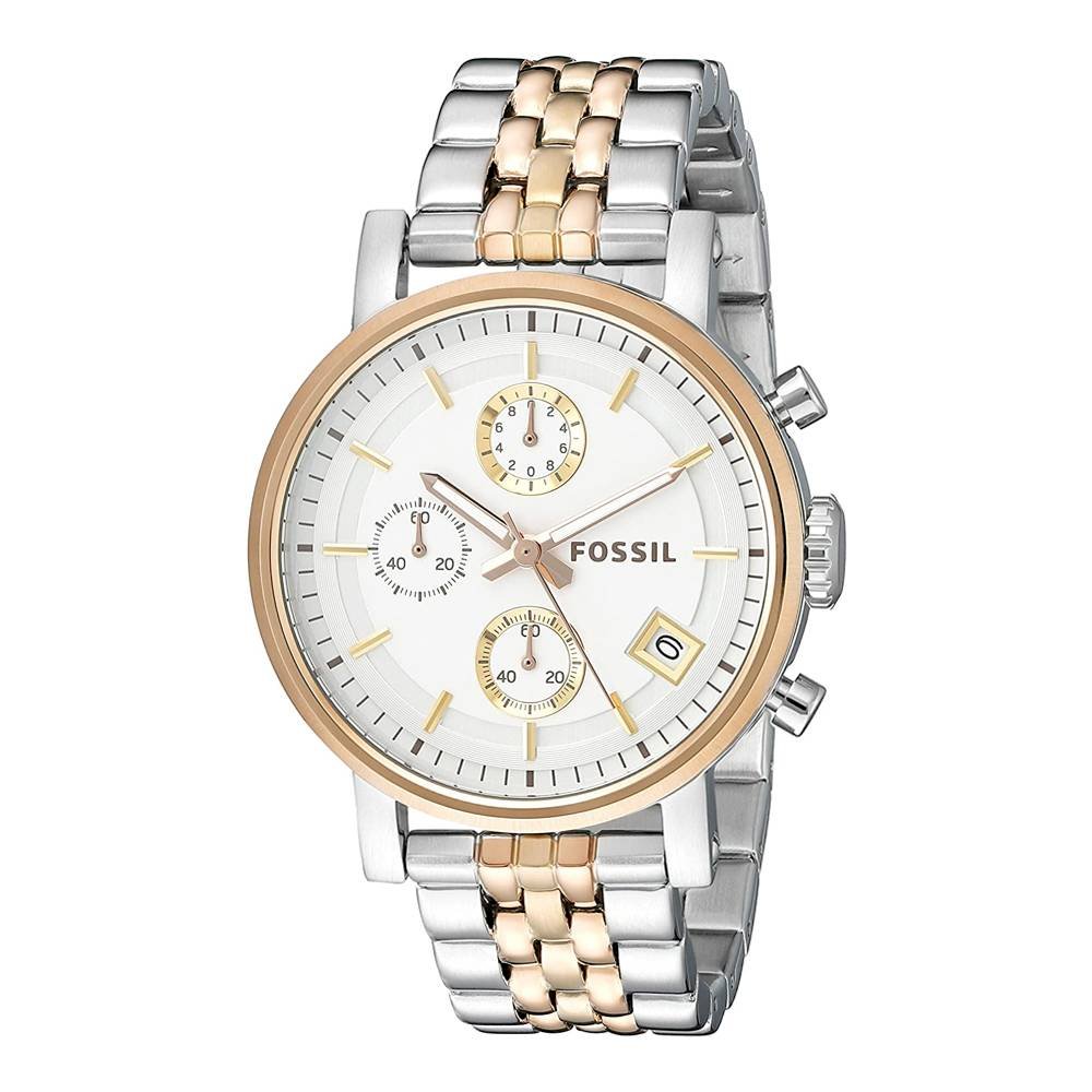 Fossil Boyfriend Chronograph White Dial Two Tone Steel Strap Watch for Women - ES3840 Watches Fossil   