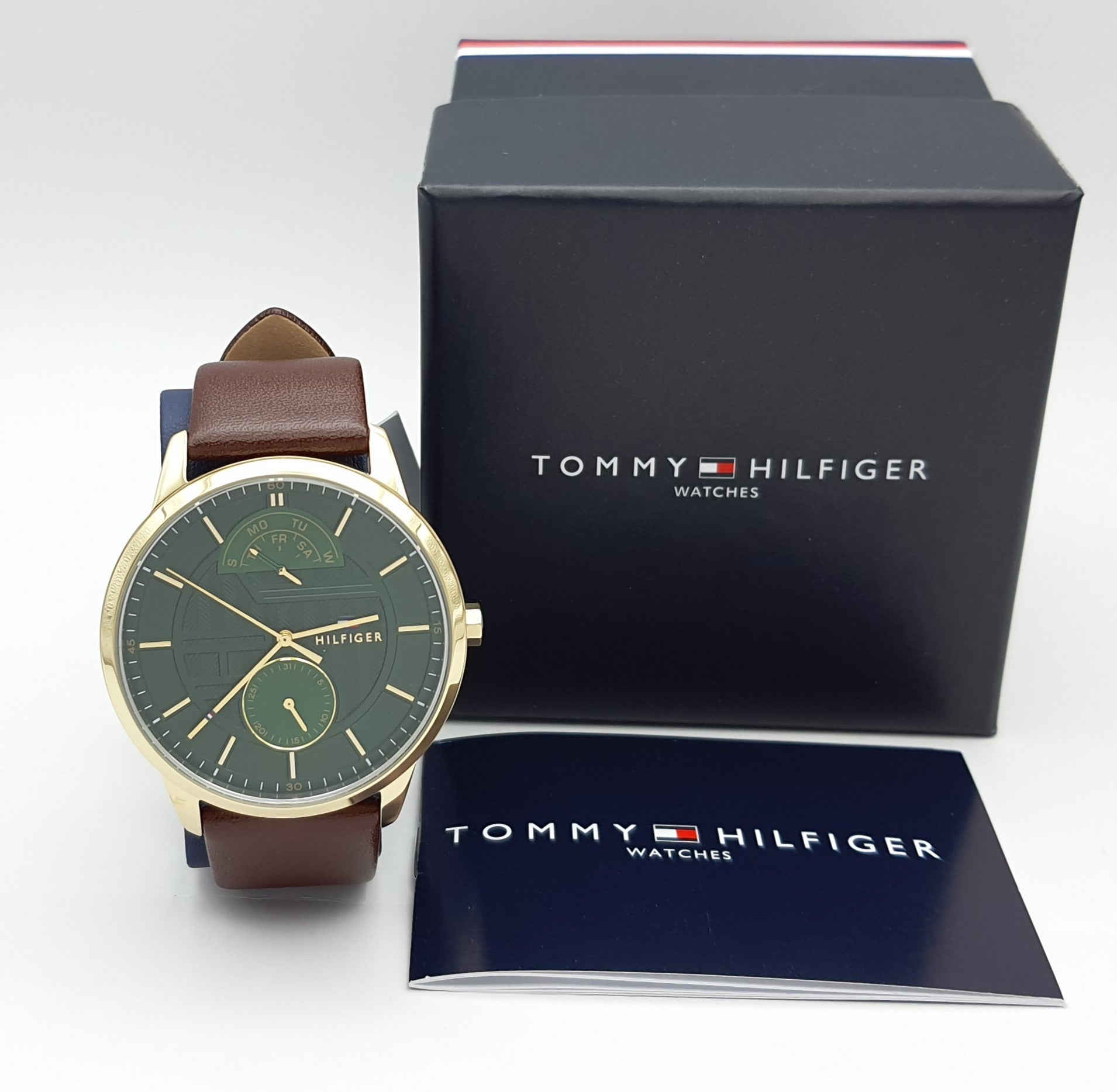 Tommy Hilfiger Hunter Green Dial Brown Leather Strap Watch for Men - 1791607 Watches Tommy Hilfiger   