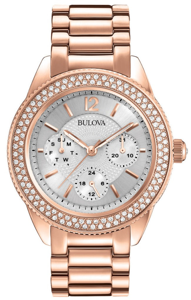 Bulova Crystal Silver Dial Rose Gold Steel Strap Watch for Women - 97N101 Watches Bulova   