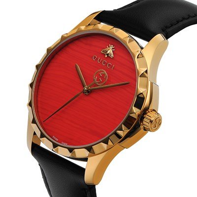 Gucci G Timeless Coral Red Dial Black Leather Strap Watch For Men - YA126464 Watches Gucci   