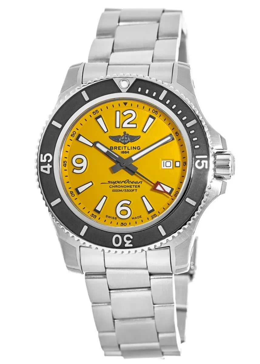 Breitling Superocean Automatic 44mm Yellow Dial Silver Steel Strap Watch for Men - A17375211/1A1 Watches Breitling   