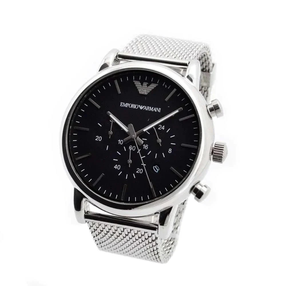 Emporio Armani Classic Chronograph Black Dial Silver Mesh Bracelet Watch For Men - AR1808 Watches Emporio Armani   