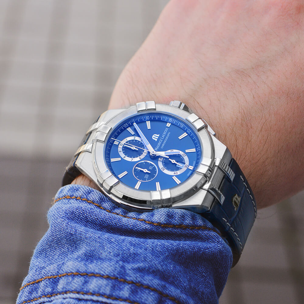 Maurice Lacroix Aikon Chronograph Blue Dial Blue Leather Strap Watch for Men - AI1018-SS001-430-1 Watches Maurice Lacroix   