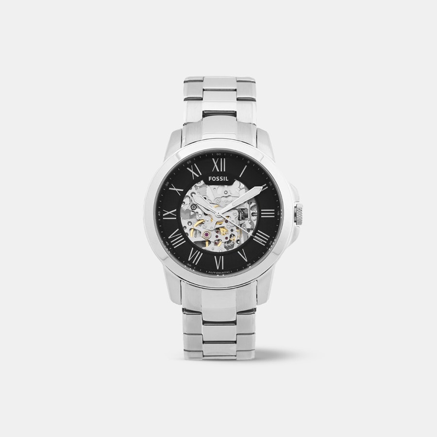 Fossil Grant Automatic Skeleton Black Dial Silver Steel Strap Watch for Men - ME3103 Watches Fossil   