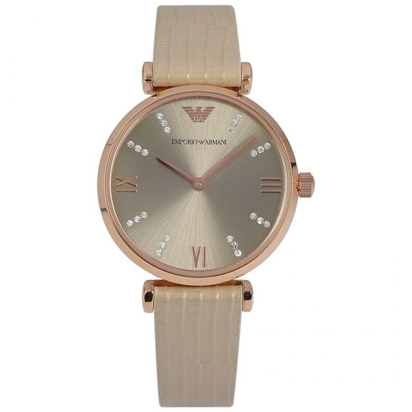 Emporio Armani Gianni T Bar Gunmetal Dial Beige Leather Strap Watch For Women - AR1681 Watches Emporio Armani   