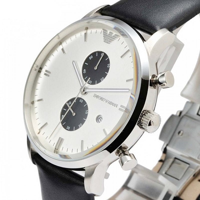 Emporio Armani Gianni White Dial Black Leather Strap Watch For Men - AR0385 Watches Emporio Armani   