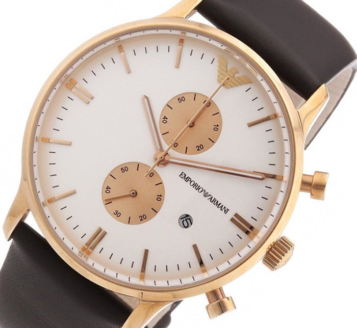 Emporio Armani Gianni Classic Chronograph White Dial Brown Leather Strap Watch For Men - AR0398 Watches Emporio Armani   