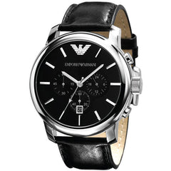 Emporio Armani Classic Chronograph Black Dial Black Leather Strap Watch For Men - AR0431 Watches Emporio Armani   