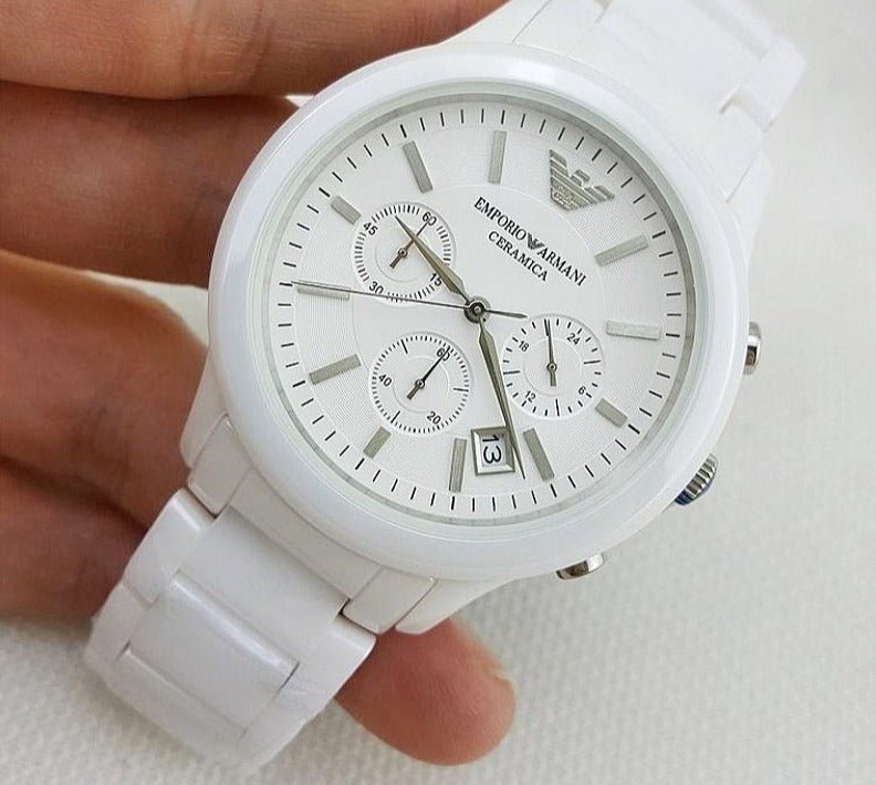 Emporio Armani Ceramica Chronograph White Dial White Strap Watch For Men - AR1453 Watches Emporio Armani   