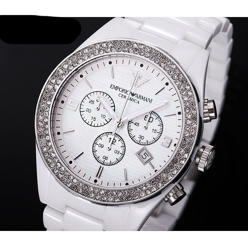 Emporio Armani Ceramica Chronograph White Dial White Ceramic Strap Watch For Women - AR1456 Watches Emporio Armani   