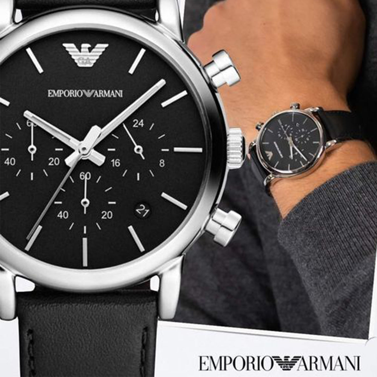 Emporio Armani Classic Chronograph Black Dial Black Leather Strap Watch For Men - AR1733 Watches Emporio Armani   