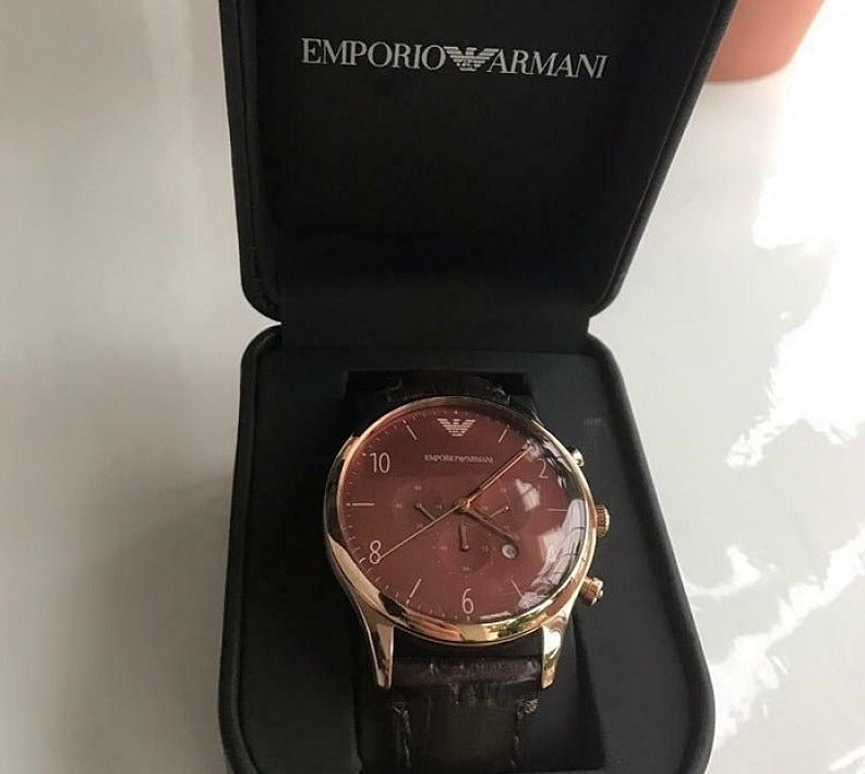 Emporio Armani Classic Chronograph Burgundy Dial Brown Leather Strap Watch For Men - AR1890 Watches Emporio Armani   