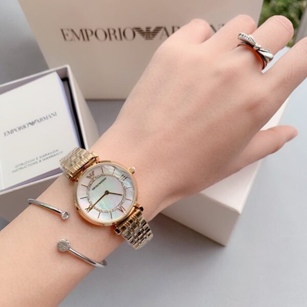 Emporio Armani Gianni T Bar White Mother of Pearl Dial Gold Stainless Steel Watch For Women - AR1907 Watches Emporio Armani   