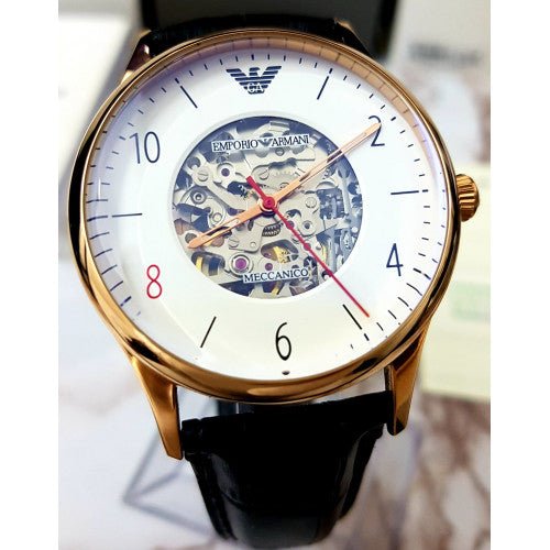 Emporio Armani Meccanico White Skeleton Dial Black Leather Strap Watch For Men - AR1924 Watches Emporio Armani   