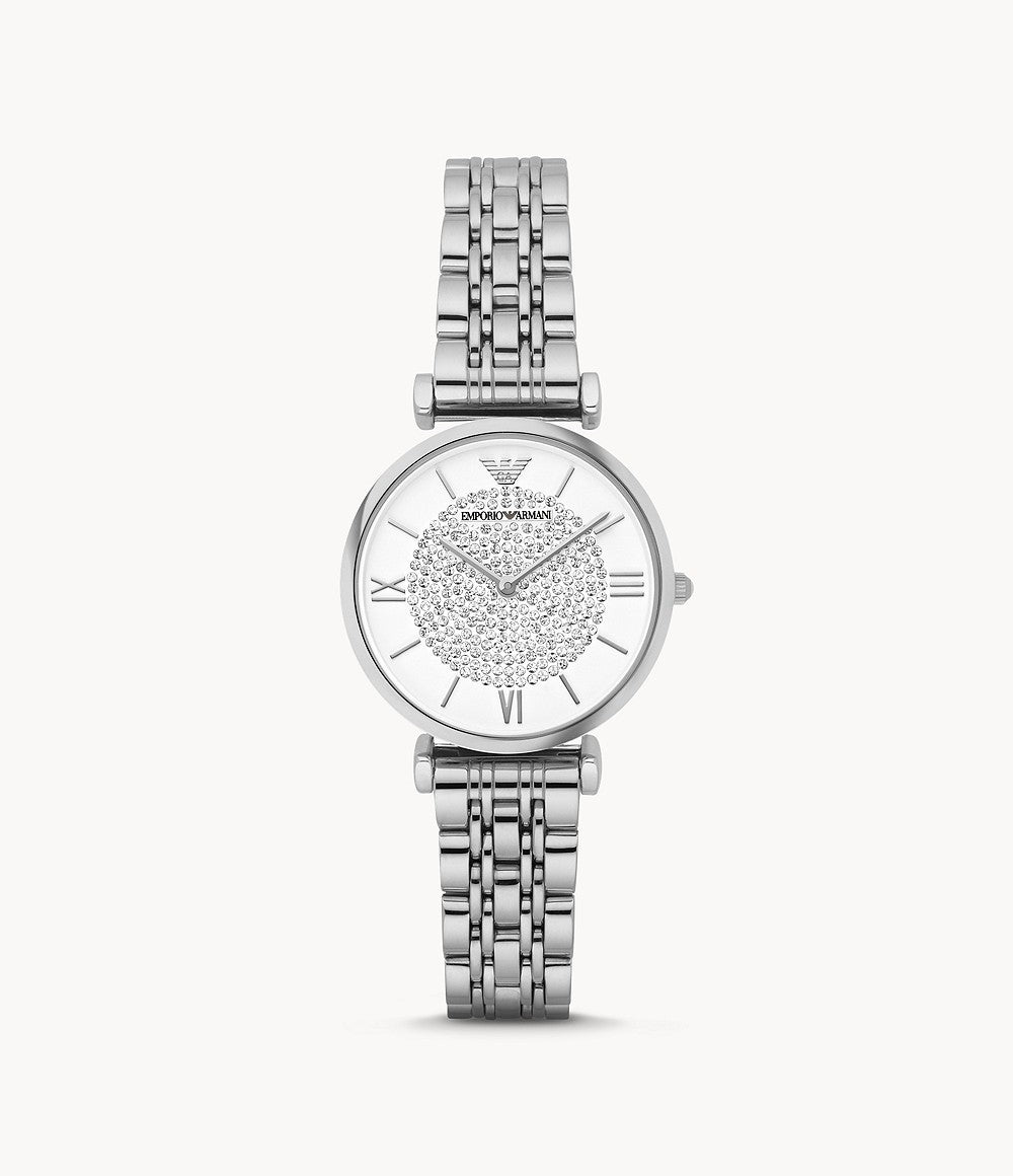 Emporio Armani Gianni T Bar White Crystal Pave Dial Silver Stainless Steel Strap Watch For Women - AR1925 Watches Emporio Armani   