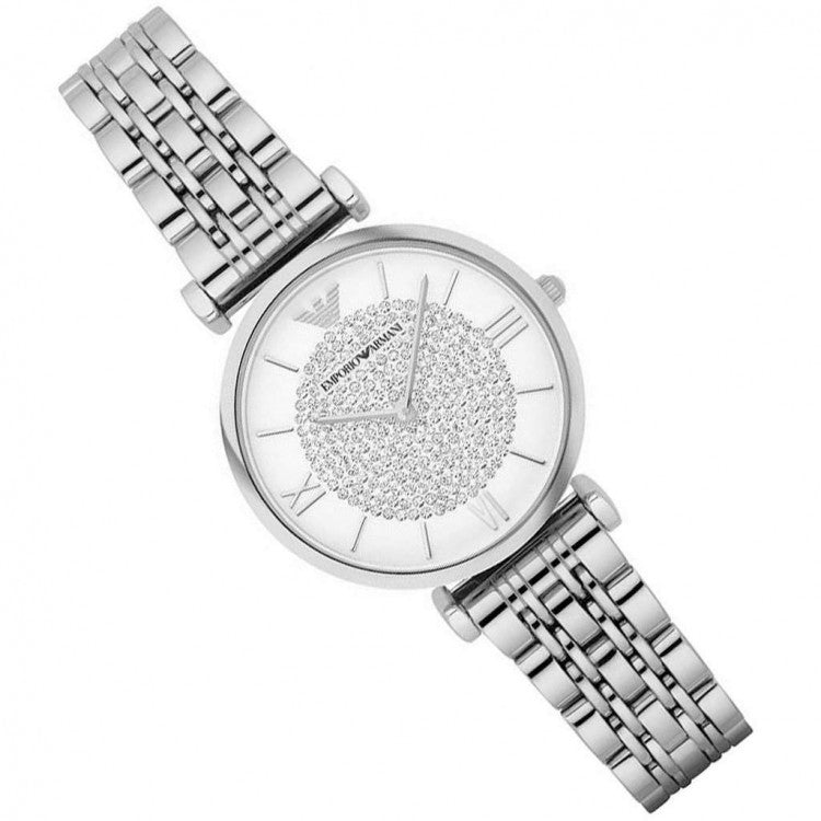 Emporio Armani Gianni T Bar White Crystal Pave Dial Silver Stainless Steel Strap Watch For Women - AR1925 Watches Emporio Armani   