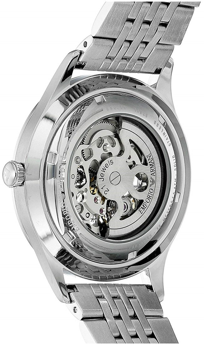 Emporio Armani Meccanico Silver Skeleton Dial Stainless Steel Watch For Men - AR1945 Watches Emporio Armani   