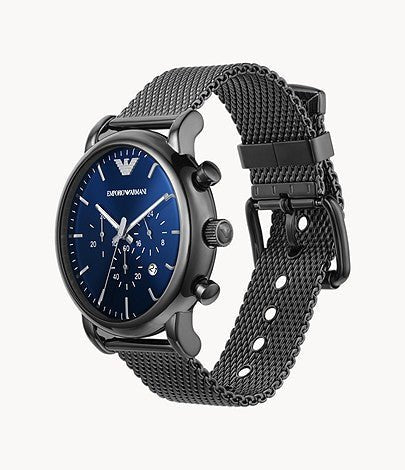 Emporio Armani Chronograph Blue Dial Gun Metallic Mesh Bracelet Watch For Men - AR1979 Watches Emporio Armani   