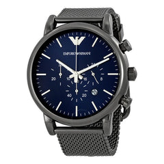 Emporio Armani Chronograph Blue Dial Gun Metallic Mesh Bracelet Watch For Men - AR1979 Watches Emporio Armani   