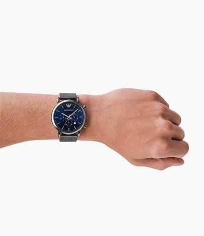 Emporio Armani Chronograph Blue Dial Gun Metallic Mesh Bracelet Watch For Men - AR1979 Watches Emporio Armani   