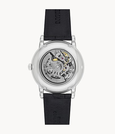 Emporio Armani Luigi Silver Skeleton Dial Black Leather Strap Watch For Men - AR1981 Watches Emporio Armani   