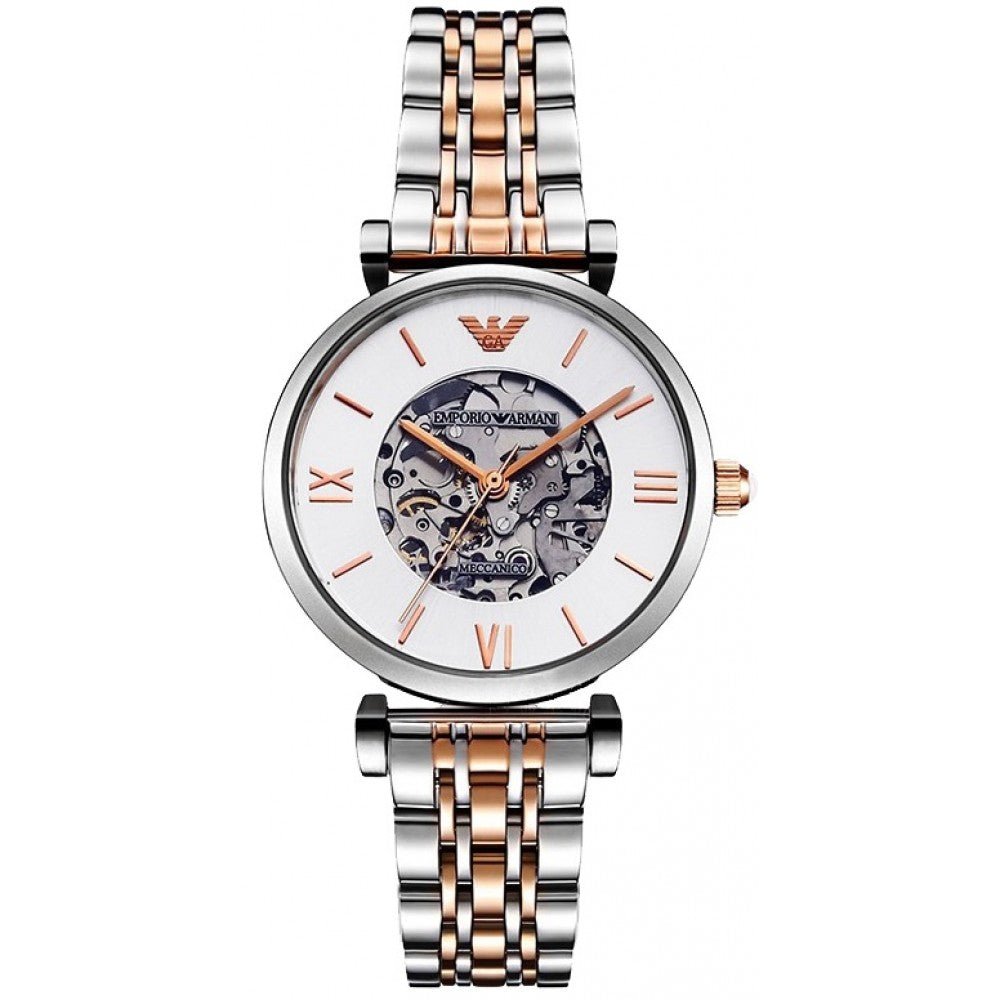 Emporio Armani Gianni T Bar Silver Skeleton Dial Two Tone Strap Watch For Women - AR1992 Watches Emporio Armani   