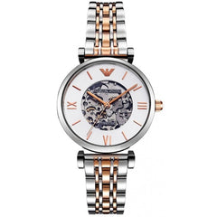 Emporio Armani Gianni T Bar Silver Skeleton Dial Two Tone Strap Watch For Women - AR1992 Watches Emporio Armani   