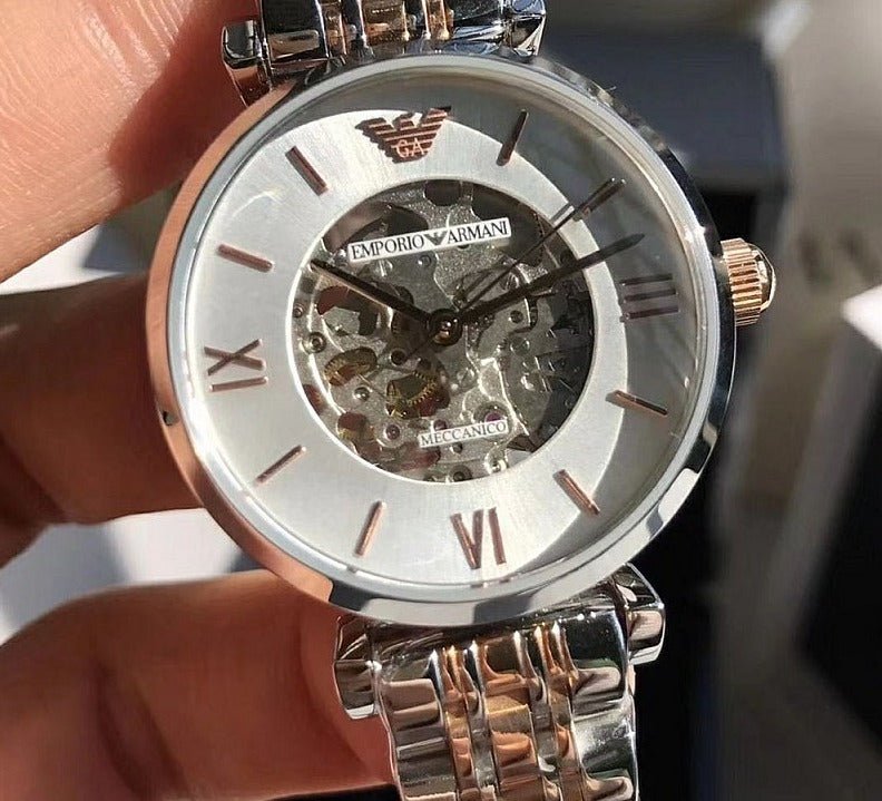 Emporio Armani Gianni T Bar Silver Skeleton Dial Two Tone Strap Watch For Women - AR1992 Watches Emporio Armani   