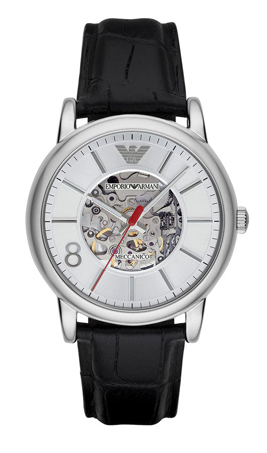 Emporio Armani Meccanico Silver Skeleton Dial Black Leather Watch For Men - AR1997 Watches Emporio Armani   