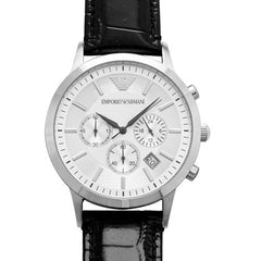 Emporio Armani Classic Chronograph Silver Dial Black Leather Strap Watch For Men - AR2432 Watches Emporio Armani   