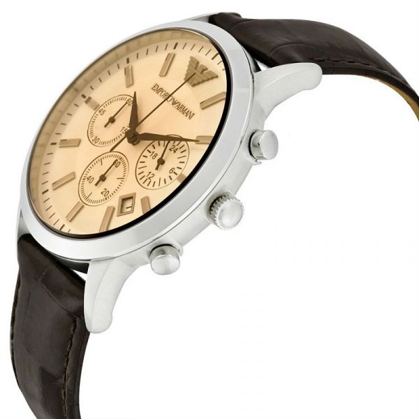 Emporio Armani Classic Chronograph Beige Dial Brown Leather Strap Watch For Men - AR2433 Watches Emporio Armani   