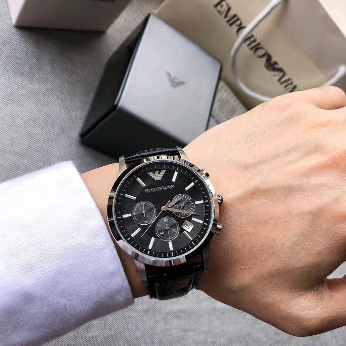 Emporio Armani Renato Chronograph Black Dial Black Leather Strap Watch For Men - AR2447 Watches Emporio Armani   