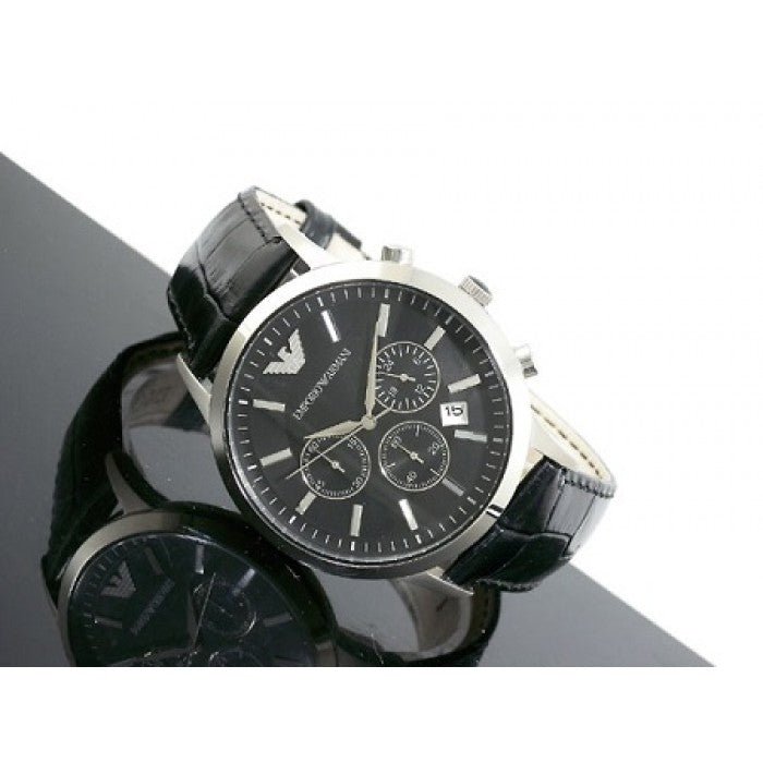 Emporio Armani Renato Chronograph Black Dial Black Leather Strap Watch For Men - AR2447 Watches Emporio Armani   