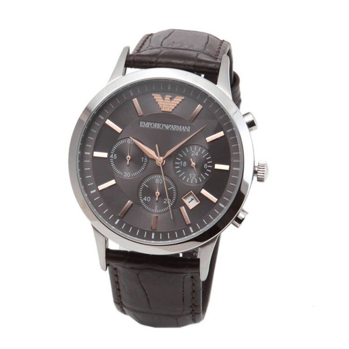 Emporio Armani Renato Chronograph Grey Dial Brown Leather Strap Watch For Men - AR2513 Watches Emporio Armani   