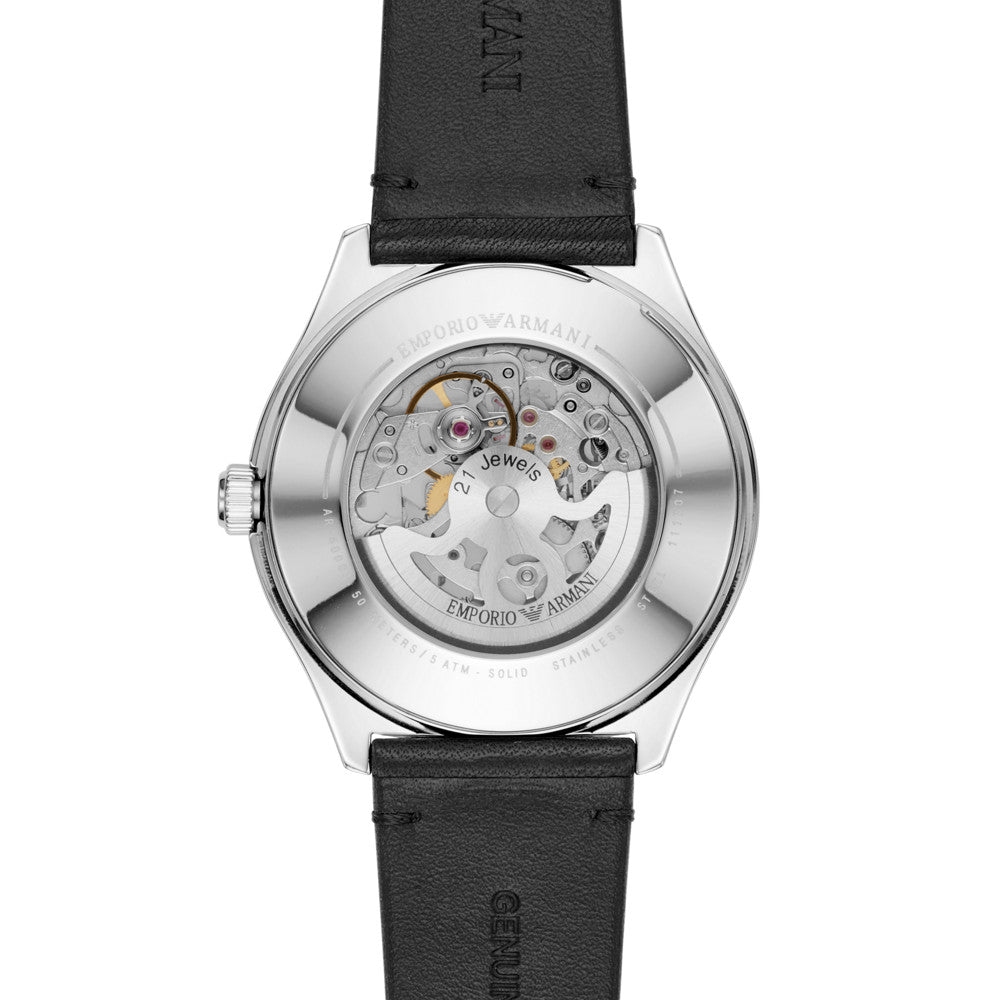 Emporio Armani Meccanico White Skeleton Dial Black Leather Strap Watch For Men - AR60003 Watches Emporio Armani   