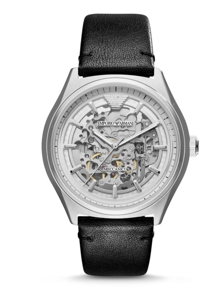 Emporio Armani Meccanico White Skeleton Dial Black Leather Strap Watch For Men - AR60003 Watches Emporio Armani   