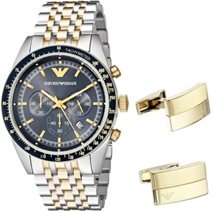 Emporio Armani Tazio Chronograph Blue Dial Gold & Silver Stainless Steel Strap Watch For Men - AR8030 Watches Emporio Armani   