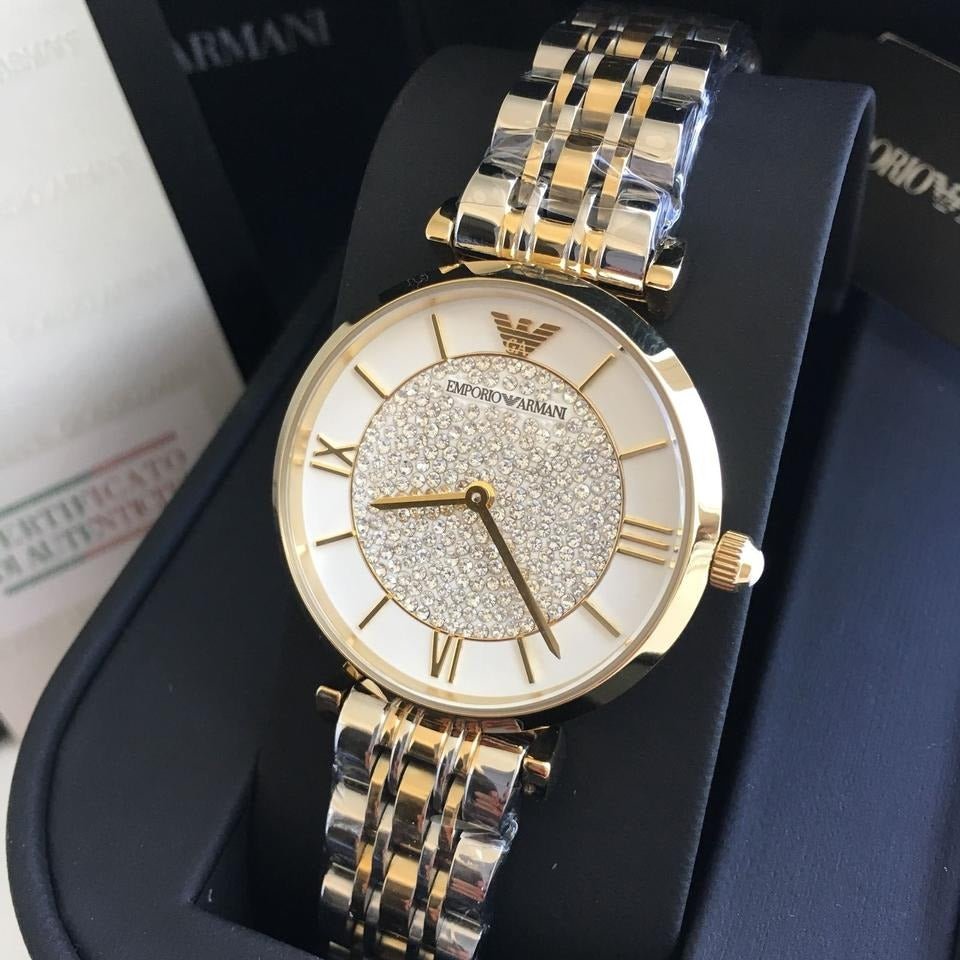 Emporio Armani Gianni T Bar White Dial Two Tone Stainless Steel Watch For Women - AR8031 Watches Emporio Armani   