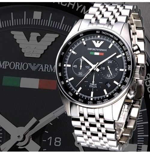 Emporio Armani Team Italia Chronograph Black Dial Silver Stainless Steel Strap Watch For Men - AR5983 Watches Emporio Armani   